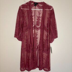 MISS CHIEVOUS NEW Open Front Lace Sheer Cardigan Womens S/M Wine 3/4 Bell Sleeve